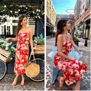 SEZANE ROBE PAULINE RED FLORAL LINEN BLEND DRESS SIZE 36 / US 4